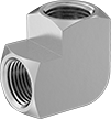 Image of Product. Female. Front orientation. Pipe and Fittings. High-Pressure Brass and Bronze Threaded Pipe Fittings, 90° Elbow Connectors, Threaded Fitting Connection, Female, Square Body.