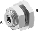 Image of Product. Male x Female. Front orientation. Contains Annotated. Pipe and Fittings. High-Pressure Brass and Bronze Threaded Pipe Fittings, Through-Wall Bushing Straight Reducing Adapters, Male, Threaded Fitting Connection, Female, Hex Body.