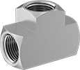 Image of Product. Female. Front orientation. Pipe and Fittings. High-Pressure Brass and Bronze Threaded Pipe Fittings, Tee Connectors, Female, Threaded Fitting Connection, Square Body.