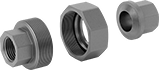 Image of Product. Exploded View. Front orientation. Pipe and Fittings. Medium-Pressure Brass and Bronze Threaded Pipe Fittings, Union Straight Connectors, Threaded Fitting Connection, Female, Hex Body.