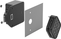 Image of System. Exploded View. Front orientation. Exploded view. Locker Locks. Electronic Locker Locks.