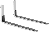 Image of ProductInUse. Shown Attached to Forklift Forks. Front orientation. Forklift Fork Covers. Slip-Resistant Fork Covers.