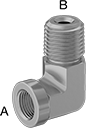 Image of Product. Female × Male. Front orientation. Contains Annotated. Pipe and Fittings. Precision High-Pressure Brass and Bronze Threaded Pipe Fittings, 90° Elbow Reducing Adapters, Male, Female, Threaded Fitting Connection.