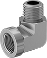Image of Product. Female × Male. Front orientation. Pipe and Fittings. Precision High-Pressure Brass and Bronze Threaded Pipe Fittings, 90° Elbow Adapters, Male, Female, Threaded Fitting Connection.