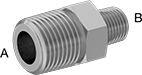 Image of Product. Male × Male. Front orientation. Contains Annotated. Pipe and Fittings. Precision High-Pressure Brass and Bronze Threaded Pipe Fittings, Straight Reducers, Male, Threaded Fitting Connection, Hex Body.