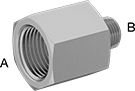 Image of Product. Female × Male. Front orientation. Contains Annotated. Pipe and Fittings. Precision High-Pressure Brass and Bronze Threaded Pipe Fittings, Straight Reducing Adapters, Male, Female, Threaded Fitting Connection, Hex Body.