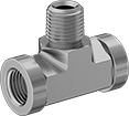 Image of Product. Female × Male × Female. Front orientation. Pipe and Fittings. Precision High-Pressure Brass and Bronze Threaded Pipe Fittings, Inline Tee Adapters, Male, Threaded Fitting Connection, Female.