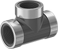 Image of Product. NPT Female. Front orientation. Pipe and Fittings. Thick-Wall Plastic Pipe Fittings for Water, Tee Connectors with Collar, Threaded Fitting Connection, Female.