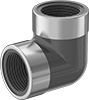 Image of Product. NPT Female. Front orientation. Pipe and Fittings. Thick-Wall Plastic Pipe Fittings for Water, Short 90° Elbow Connectors with Collar, Threaded Fitting Connection, Female.