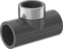 Image of Product. Cement Socket Female × NPT Female × Cement Socket Female. Front orientation. Pipe and Fittings. Thick-Wall Plastic Pipe Fittings for Water, Inline Tee Adapters with Collar, Cement-Socket Fitting Connection, Female, Threaded Fitting Connection.