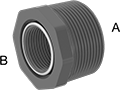 Image of Product. NPT Male × NPT Female (Back). Back orientation. Contains Annotated. Pipe and Fittings. Thick-Wall Plastic Pipe Fittings for Water, Bushing Straight Reducing Adapters with Collar, Male, Threaded Fitting Connection, Female, Hex Body.