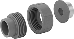 Image of Product. Front. Front orientation. Exploded view. Pipe and Fittings. Thick-Wall Plastic Pipe Fittings for Water, Union Straight Adapters with Collar, Female, Threaded Fitting Connection, Cement-Socket Fitting Connection.