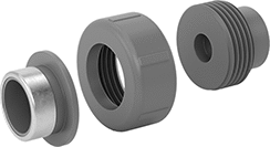 Image of Product. Back. Back orientation. Exploded view. Pipe and Fittings. Thick-Wall Plastic Pipe Fittings for Water, Union Straight Adapters with Collar, Female, Threaded Fitting Connection, Cement-Socket Fitting Connection.