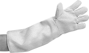 Image of ProductInUse. Fiberglass/Kevlar Fabric Gloves with Sleeve. Front orientation. Gloves. Extreme Heat-Protection Gloves, Fiberglass/Kevlar Fabric, Sleeve, Gloves.