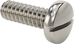 Image of Product. Front orientation. 18-8 Stainless Steel Cheese Head Slotted Screw, M1 x 0.25 mm Thread Size, 3 mm Long.