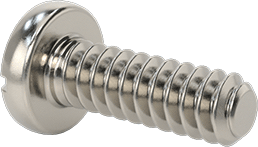 Image of Product. Back orientation. 18-8 Stainless Steel Cheese Head Slotted Screw, M1 x 0.25 mm Thread Size, 3 mm Long.