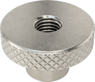 Image of Product. Bottom orientation. 18-8 Stainless Steel Knurled-Head Thumb Nut, 5/16"-24 Thread Size.