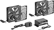 Image of Product. Front orientation. Fans. Equipment-Cooling Fan Kits with Thermostat, Square, With Two Plastic Guards, Two Fans, Power Cord, and Remote Thermal Probe.
