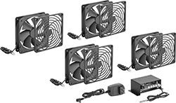Image of Product. Front orientation. Fans. Equipment-Cooling Fan Kits with Thermostat, Square, With Four Plastic Guards, Four Fans, Power Cord, and Remote Thermal Probe.