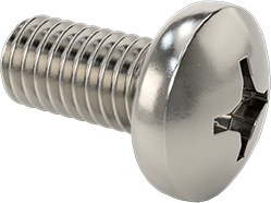 Image of Product. Front orientation. Passivated 18-8 Stainless Steel Pan Head Phillips Screws, M3 x 0.5mm Thread, 6mm Long.