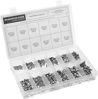 Image of Product. Front orientation. Socket Head Screw Assortment, Inch Sizes, 300 Pieces, 18-8 Stainless Steel.
