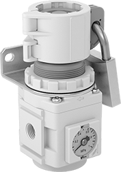 Image of ProductInUse. Shown Installed (Padlock Not Included). Front orientation. Compressed Air Regulator Locks. Tamper-Resistant Padlockable Covers for SMC Modular Compressed Air Regulators.