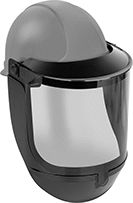 Image of ProductInUse. Face Shield with Chin Guard and Side Guards. Front orientation. Face Shields. Arc-Flash-Protection Face Shields, Flip-Up Lens, Gray Lens.