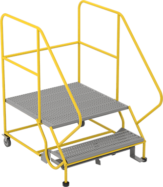 Image of Product. Front orientation. Rolling Work Platform, Gray Powder Coated Steel, 56" High x 40" Wide x 54" Deep Overall.