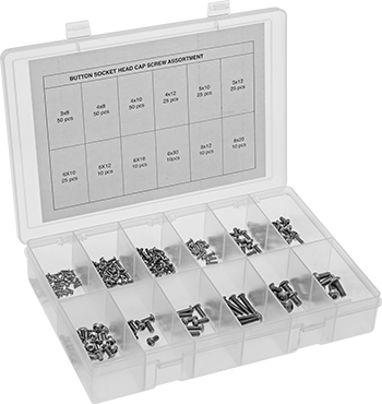 Image of Product. Front orientation. Hex-Drive Rounded Head Screw Assortment, Metric Sizes, 300 Pieces, 18-8 Stainless Steel.