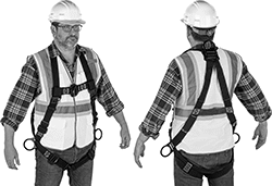 Image of ProductInUse. Front orientation. Contains MultipleImages. Fall-Arrest Harnesses. Electrical Arc-Flash-Resistant Fall-Arrest Harnesses for Climbing and Positioning.
