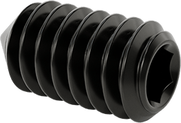 Image of Product. Front orientation. Alloy Steel Cone-Tip Set Screw, Black Oxide, 1/4"-20 Thread, 1/2" Long.