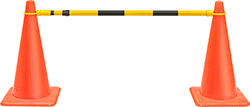 Image of ProductInUse. Front orientation. Reflective Black/Reflective Yellow Band. Cone-Mount Adjustable-Bar Barricades.