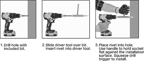 Image of ProductInUse. Front orientation. Contains Annotated, Border, MultipleImages. Rivet Tools. Tools for Hex-Drive Rivets, Drill Bit/Drivers.