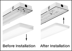 Image of ProductInUse. Front orientation. ZoomedIn view. Contains Annotated, Border, MultipleImages. Light Retrofit Kits. Retrofit Kits for Washdown Ceiling Lights.