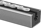 Image of ProductInUse. Guide. Front orientation. Roller Chain Guides. Deep-Channel Roller Chain Guides, 304 Stainless Steel Frame.