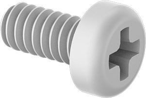 Image of Product. Front orientation. Nylon Pan Head Screws, Phillips, 4-40 Thread, 1/4" Long.