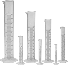 Image of Product. Front orientation. Graduated Cylinders. Plastic Graduated Cylinder Sets.