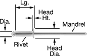 Image of Product. Front orientation. Contains Annotated. Nickel Flush-Mount Blind Rivets.