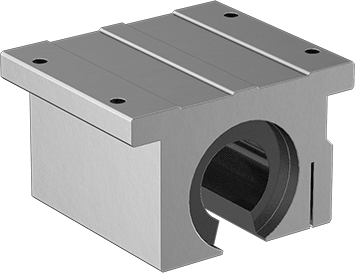 Image of Product. Front orientation. Mounted Ball Linear Bearing, for Support Rail Shafts, 3-3/8" Length, 4" Width, 2-31/64" High.