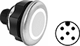 Image of Product. With 5-Pole M12 Connection. Front orientation. Contains MultipleImages. Finger-Touch Switches. Sanitary Finger-Touch Switches, M12 Connection, 5 Poles.