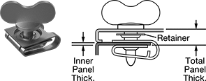 Image of Product. Front orientation. Contains Annotated, MultipleImages. Captive Panel Screws. Wing Head Quarter-Turn Captive Panel Screws with Clip-On Nut, Zinc-Plated Steel.