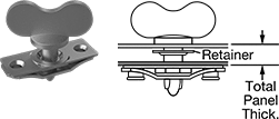 Image of Product. Front orientation. Contains Annotated, MultipleImages. Captive Panel Screws. Wing Head Quarter-Turn Captive Panel Screws with Rivet-Mount Nut, Zinc-Plated Steel.