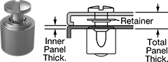 Image of Product. Front orientation. Contains Annotated, MultipleImages. Captive Panel Screws. Rounded Head Quarter-Turn Captive Panel Screws with Back Press-Fit Nut, Zinc-Plated Steel, Slotted Drive.