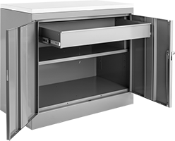 Image of Product. Front orientation. Cabinets. Bench-Height Shelf Cabinets with Drawer.
