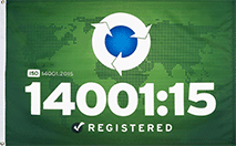 Image of Product. Front orientation. Certification Flags. ISO Registered Flags, ISO 14001:15 Registered.