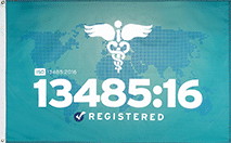 Image of Product. Front orientation. Certification Flags. ISO Registered Flags, ISO 13485:16 Registered.