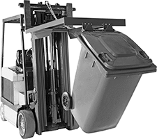 Image of ProductInUse. Front orientation. Forklift Trash Can Dumpers.