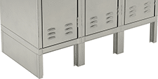 Image of ProductInUse. End Base Shown Installed. Front orientation. ZoomedIn view. Locker Bases. Harsh Environment Stainless Steel Lockers, End Base.
