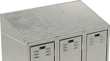 Image of ProductInUse. Curved Top Shown Installed. Front orientation. ZoomedIn view. Locker Tops. Harsh Environment Stainless Steel Lockers.