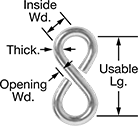 Image of Product. Front orientation. Contains Annotated. S-Hooks. Closed-End S-Hooks—Not for Lifting, Straight Profile with Rounded Hook.